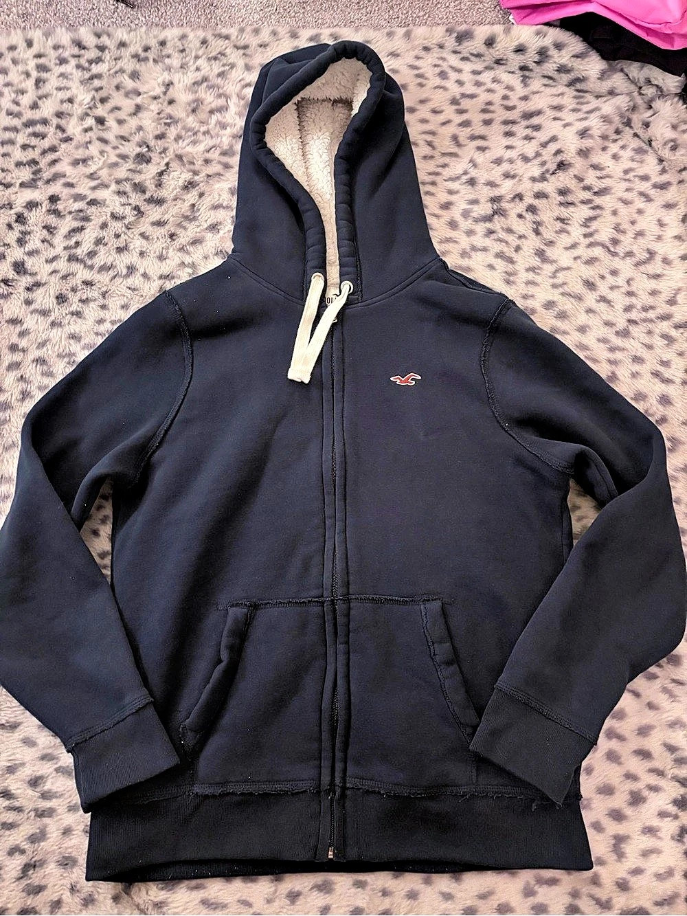 Y2K Hollister Sherpa Lined Full Zip Hoodie Navy Blue & Cream Medium